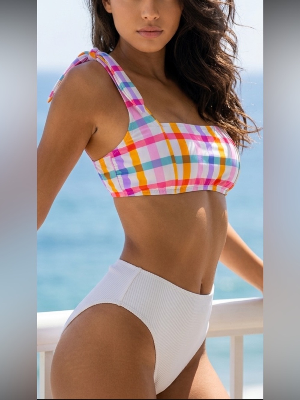 Sexy Pink plaid bikini top & white gathered back bikini bottom NWT size M